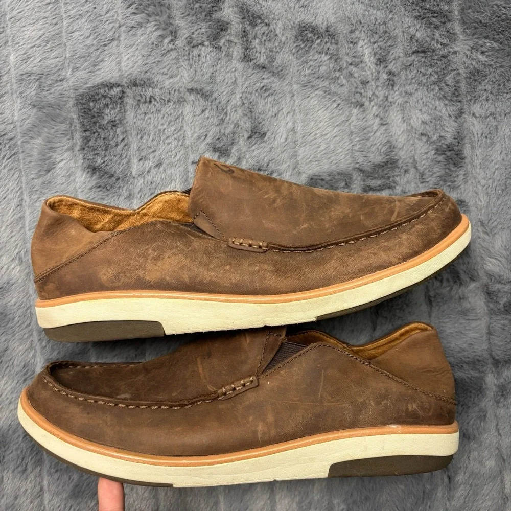 OluKai Kalia Puki Brown Leather Slip On Loafers Mens 12 Drop-In Heel 10453-6363